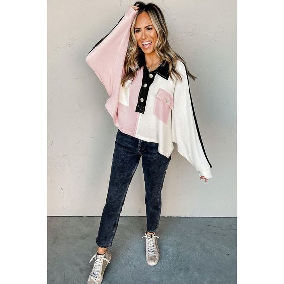 Azura Exchange  Multicolor Colorblock Flap Pockets Henley Collared Top - Picture 5 of 7